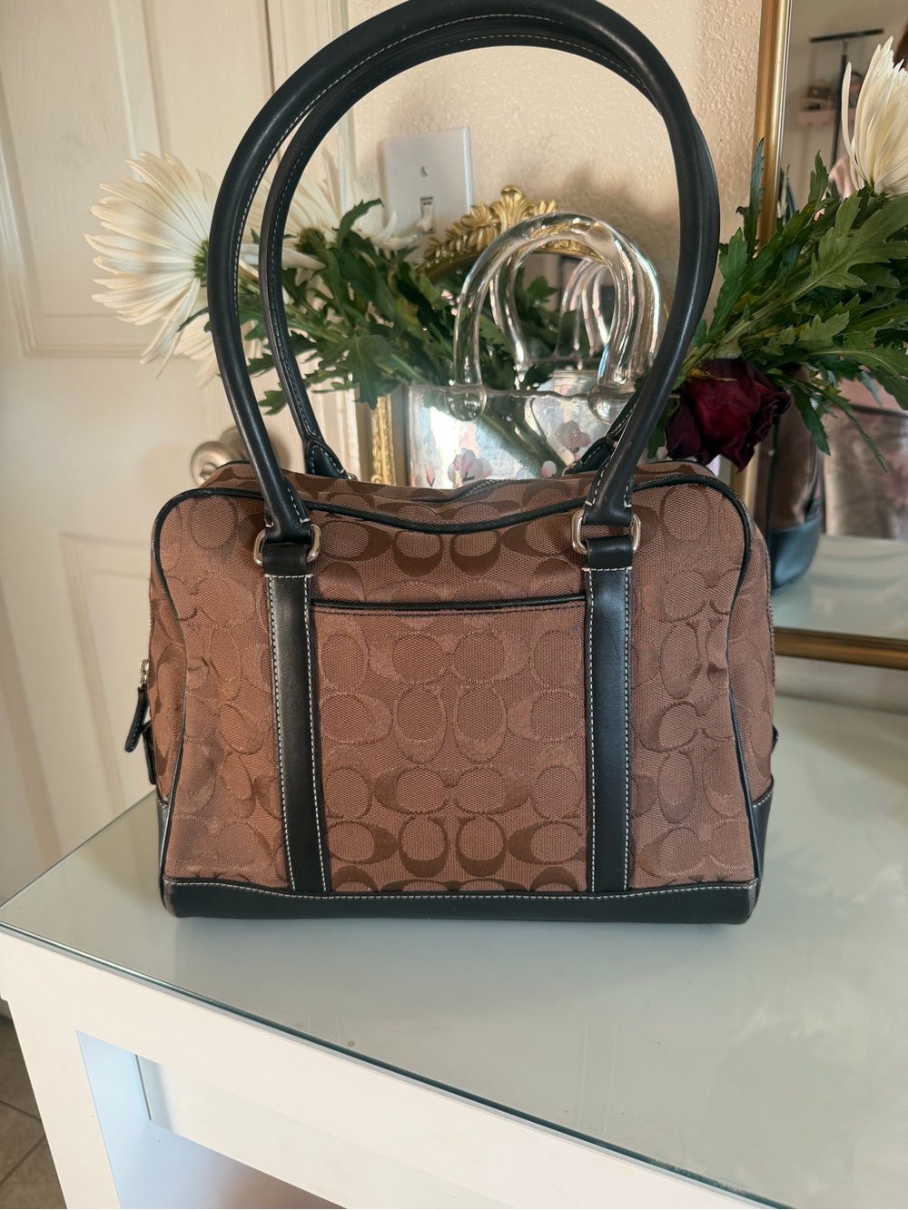 Coach Brown Signature Satchel with Black Trim